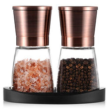 Load image into Gallery viewer, 2 Pack Salt &amp; Pepper Mills Set | Copper, Glass | With Silicone Stand
