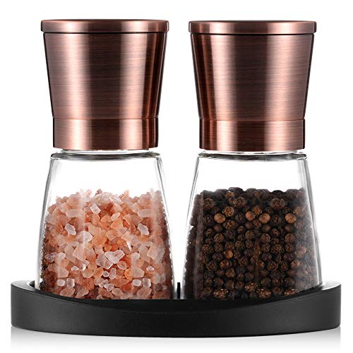 2 Pack Salt & Pepper Mills Set | Copper, Glass | With Silicone Stand