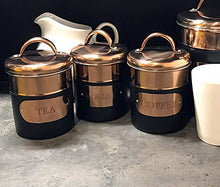Load image into Gallery viewer, Set Of 3 Copper &amp; Black Tea, Sugar &amp; Coffee Canisters 
