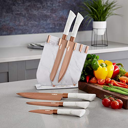 TOWER Damascus Effect Kitchen Knife Set with Stainless Steel Blades and  Acrylic Stand, 5 Piece, Mirror Black 5 Piece