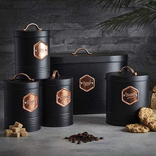 Load image into Gallery viewer, Black &amp; Copper Kitchen Storage Set : Bread Bin, Biscuit Tin, Sugar, Tea, Coffee Canisters 
