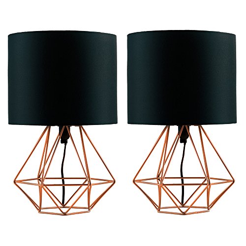 Pair Of Copper Table Lamps With Black Fabric Shades | Geometric Style
