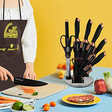 Load image into Gallery viewer, Knife Set With Block | 9-Pieces | Kitchen Chef Knives | Stainless Steel Black Blade &amp; Copper
