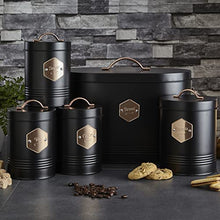 Load image into Gallery viewer, Black &amp; Copper 5 Piece Kitchen Set | Bread Bin, Tea, Coffee, Sugar, Biscuit Tin 
