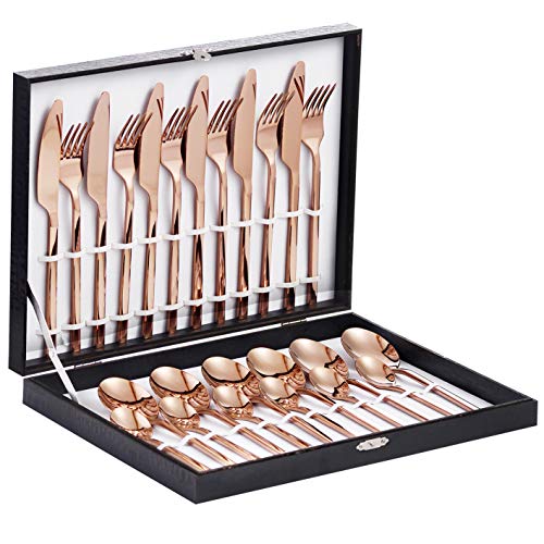 Velaze 24-Piece Rose Gold Silverware Set Cutlery Set, Stainless Steel Utensils Service for 6 Person Include Dinner Spoon, Dinner Fork, Dinner Knife and Tea Spoon, Mirror Polished Design