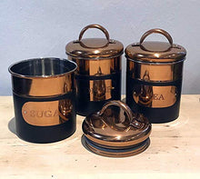 Load image into Gallery viewer, Set Of 3 Black &amp; Copper Sugar, Tea &amp; Coffee Jars 
