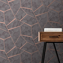 Load image into Gallery viewer, Marble Charcoal Grey Wallpaper With A Copper Geometric Detailing Pattern
