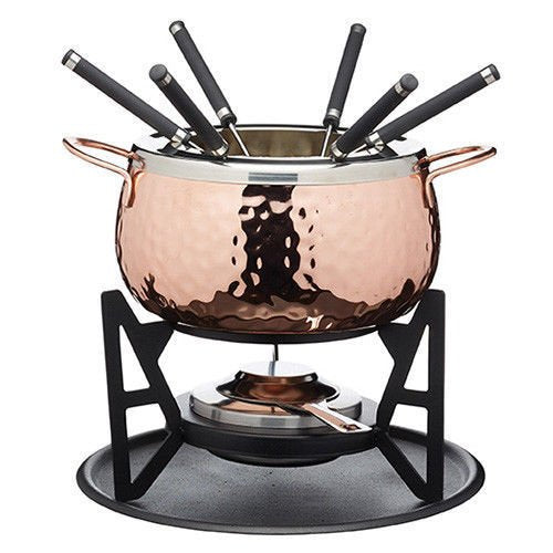 Copper Finish Hammered Fondue Set | With Forks, Chocolate, Cheese, Meat