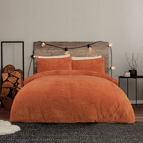 Sleepdown | Teddy Fleece | Rust Orange Copper | Duvet Cover Quilt Bedding Set With Pillowcases