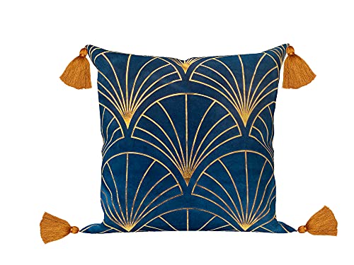 Art Deco Geometric Velvet Copper Foil Cushion Cover With Tassels | Teal Blue