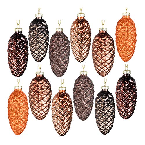 Glass Pine Cone Ornaments | Set of 12 | Copper & Brown | Christmas Baubles 