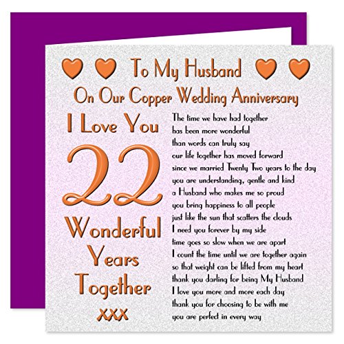 22nd Wedding Anniversary Card | Copper Anniversary | My Husband | Sentimental Verse |  I Love You
