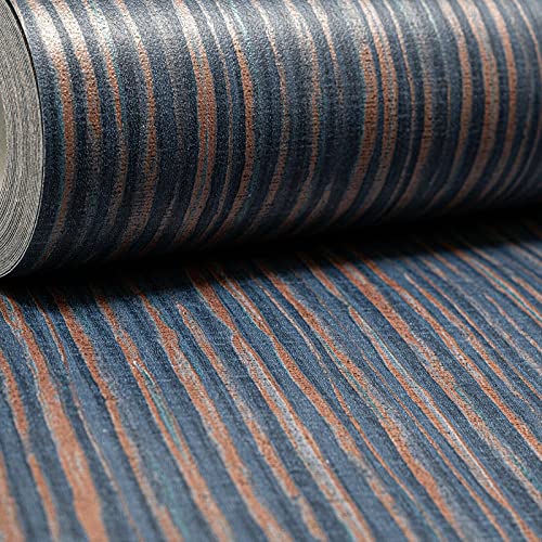 Metallic Striped Copper & Navy Wallpaper | Ammi Texture | Luxurious 