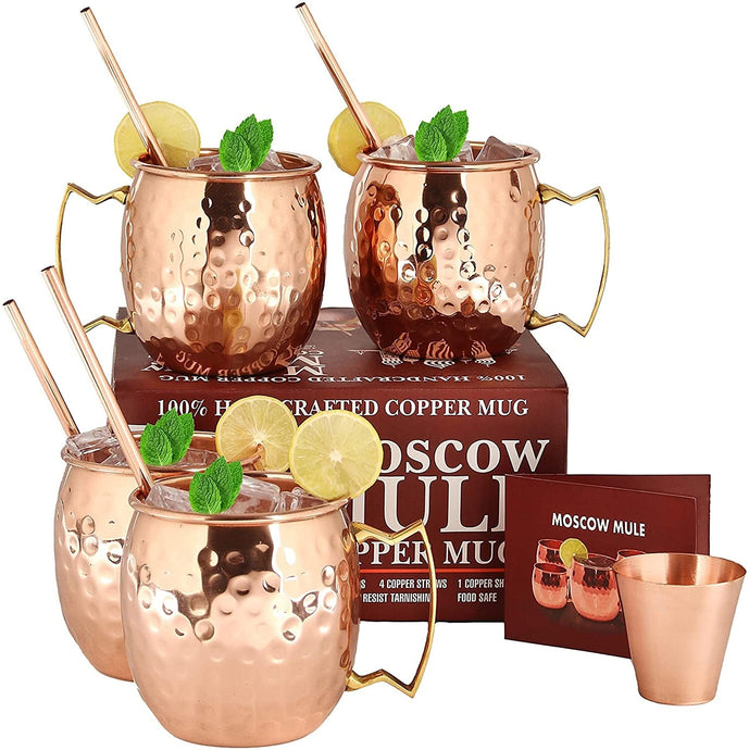 Moscow Mule Copper Mugs | Set of 4 | 100% Pure Solid Copper Mugs | 16 oz